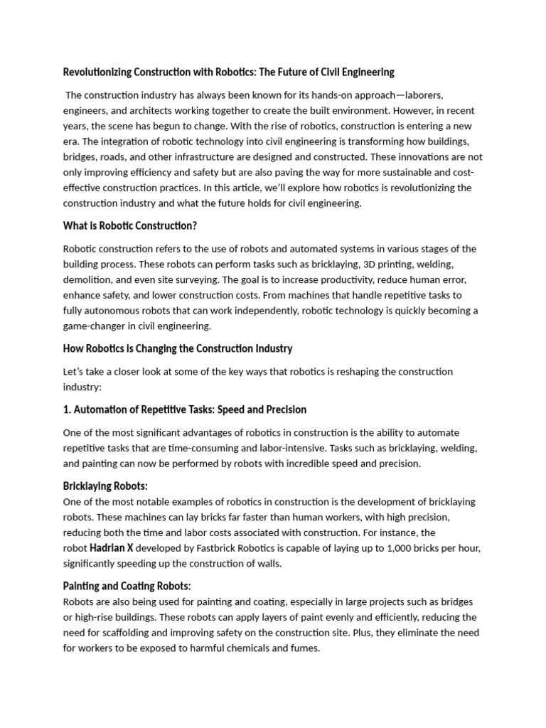 Robotics Transforming Civil Engineering | PDF | Automation | 3 D Printing