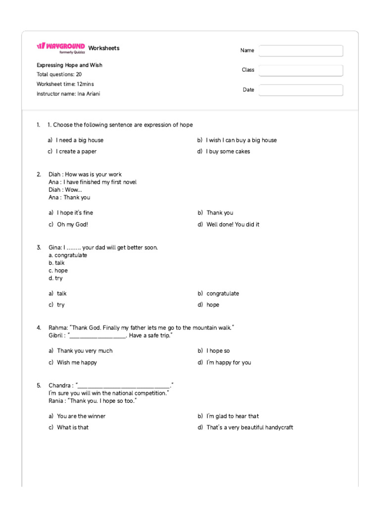 Expressions of Hope and Wishes Worksheet | PDF