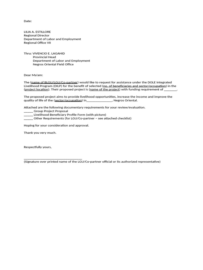 DILP Assistance Request for Livelihood Project | PDF