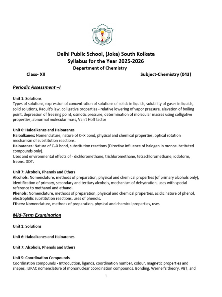 Class 12 Chemistry Syllabus 2025-2026 | PDF | Chemical Reactions ...