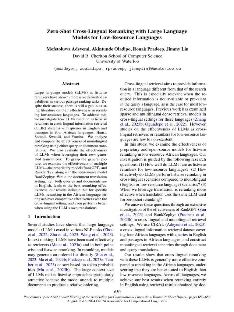 Zero-Shot Reranking for Low-Resource Languages | PDF | Information ...