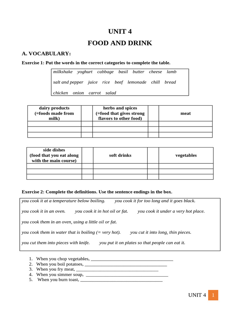 Food and Drink Vocabulary Exercises | PDF | Comics | Novels