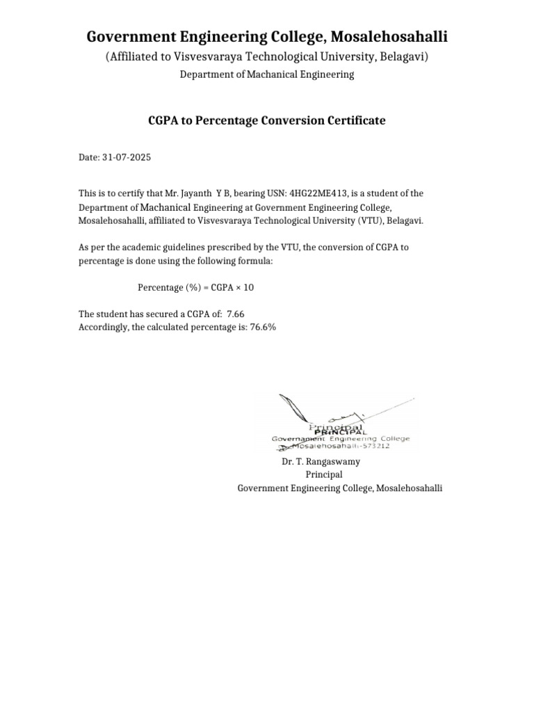 VTU CGPA to Percentage Certificate | PDF