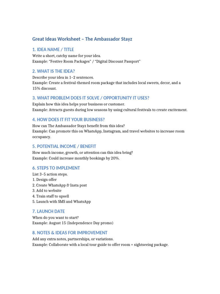 Great_Ideas_Worksheet_Ambassador_Stayz | PDF