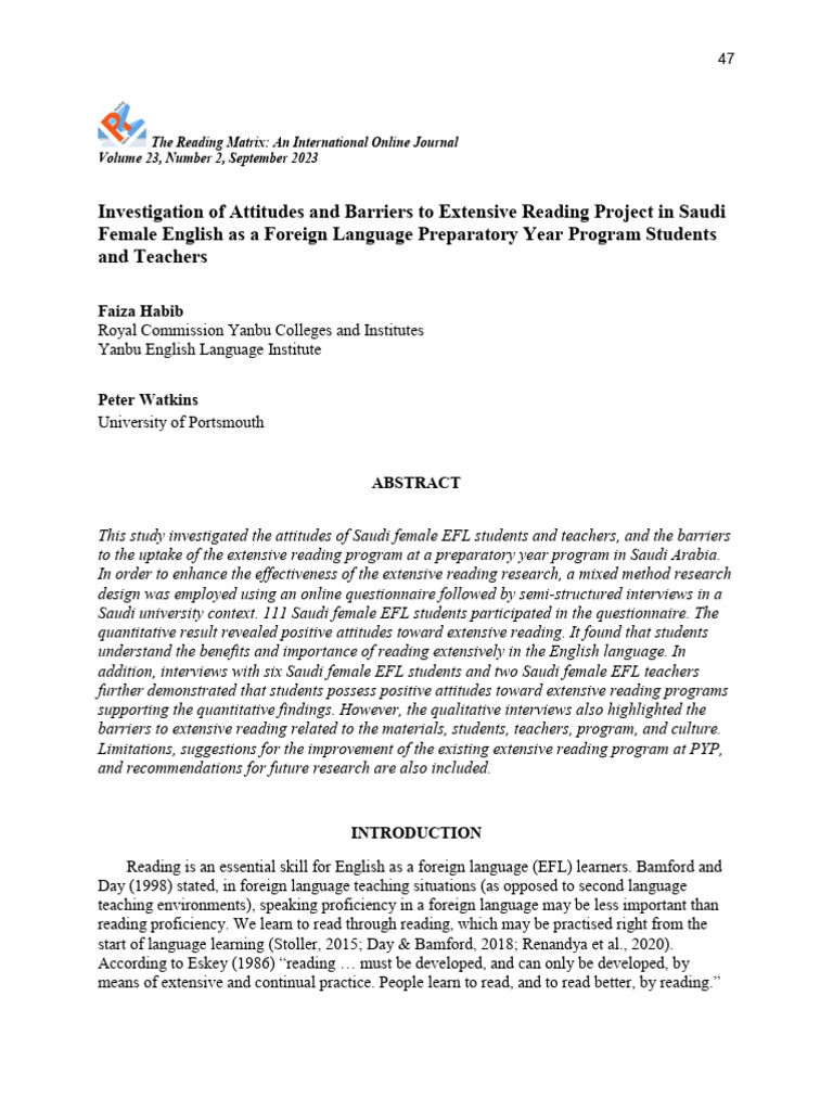 Barriers to Extensive Reading in Saudi EFL | PDF | Second Language ...
