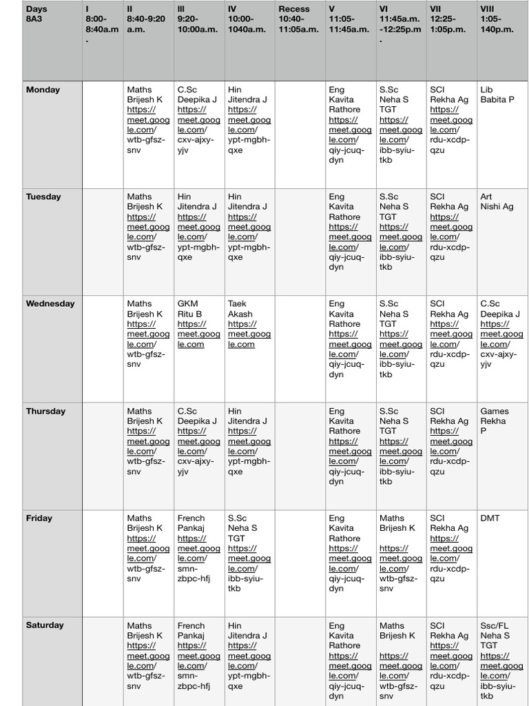 Weekly Class Schedule and Links | PDF