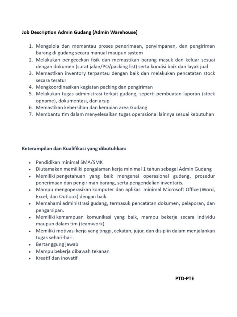 Jobdesk dan Kualifikasi Admin Gudang | PDF