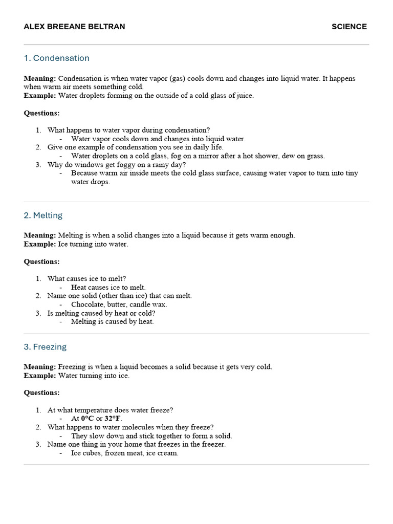 States of Matter: Key Concepts Worksheet | PDF | Water | Ice