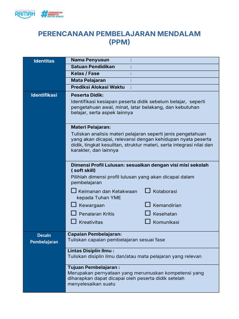 Rencana Pembelajaran Mendalam (PPM) | PDF
