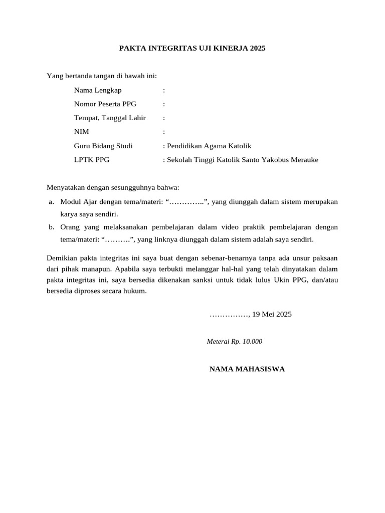 Template Pakta Integritas Ukin | PDF