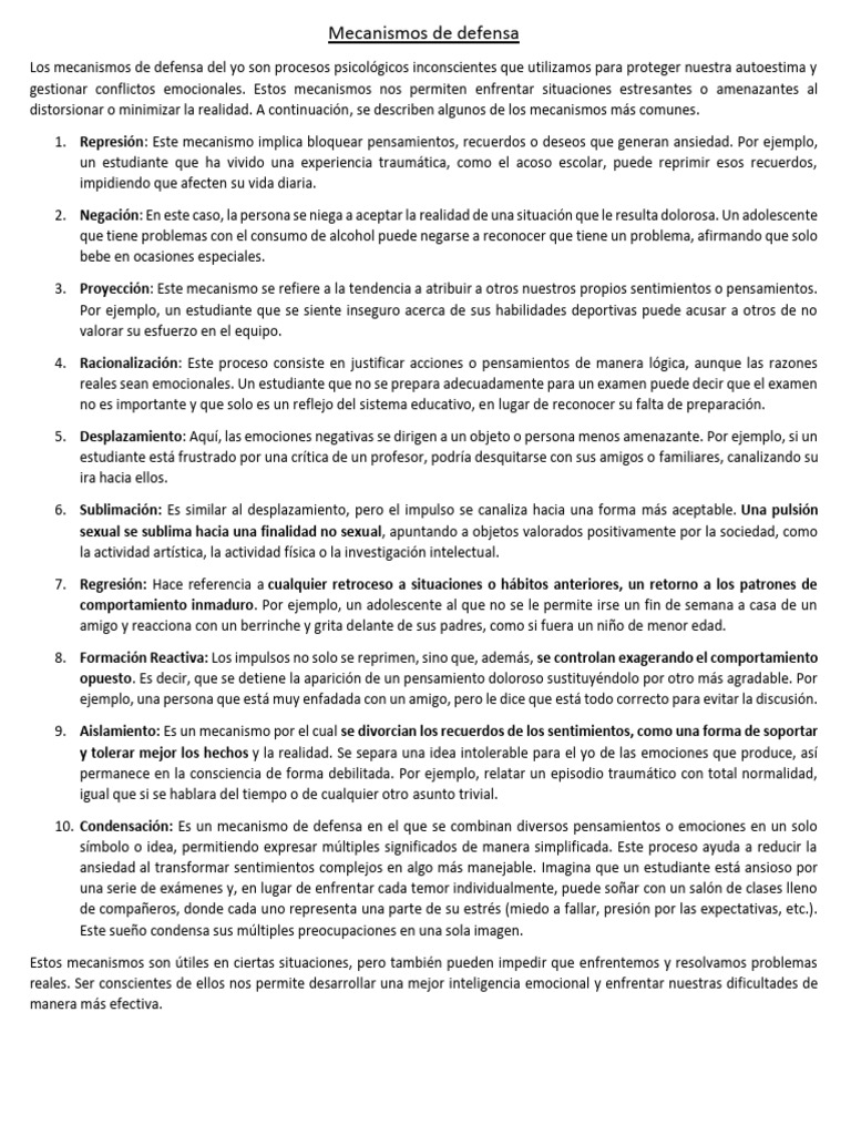 Mecanismos de defensa del yo explicados | PDF | Las emociones | Ansiedad