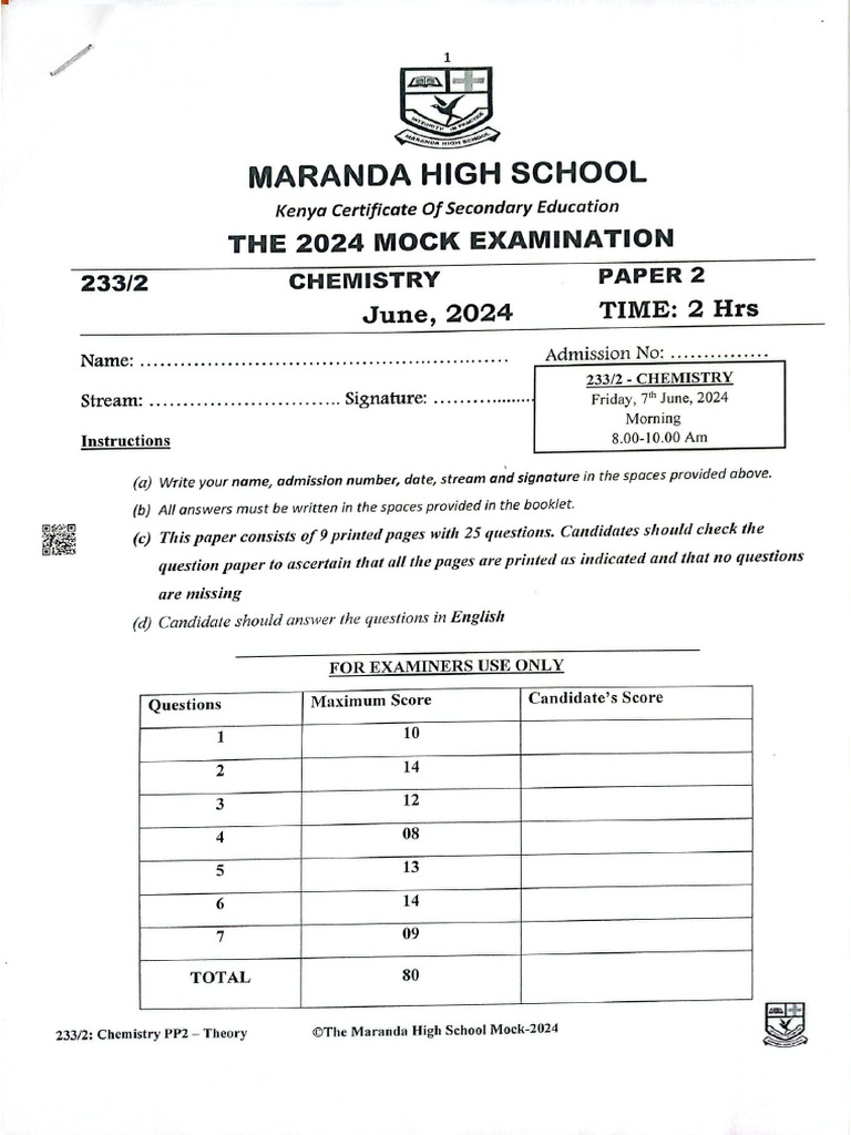 Chemistry Maranda High School June 2024 | PDF