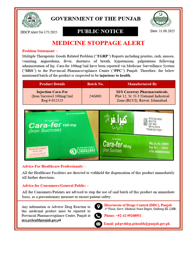 Medicine Stoppage Alert Inj. Cara-Fer 100mg | PDF