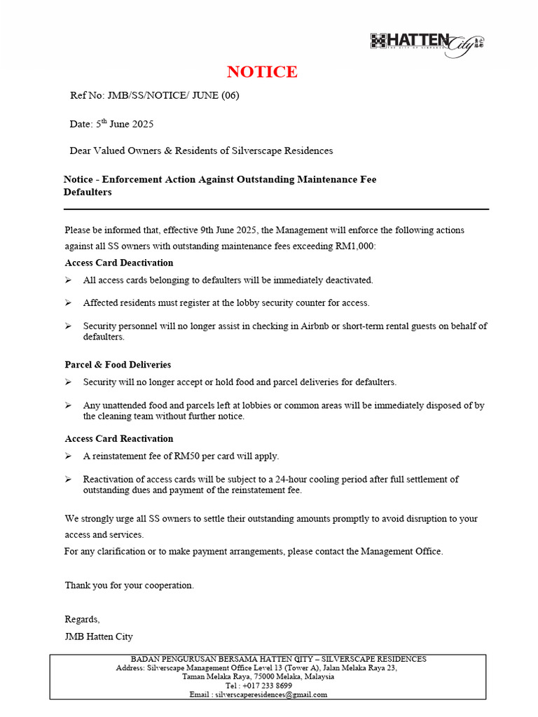 Silverscape Residences Fee Enforcement Notice | PDF