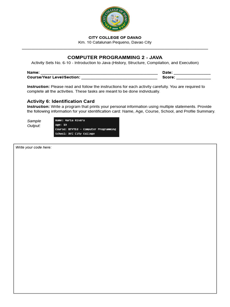 Java Programming Activities Overview | PDF | Computer Programming ...