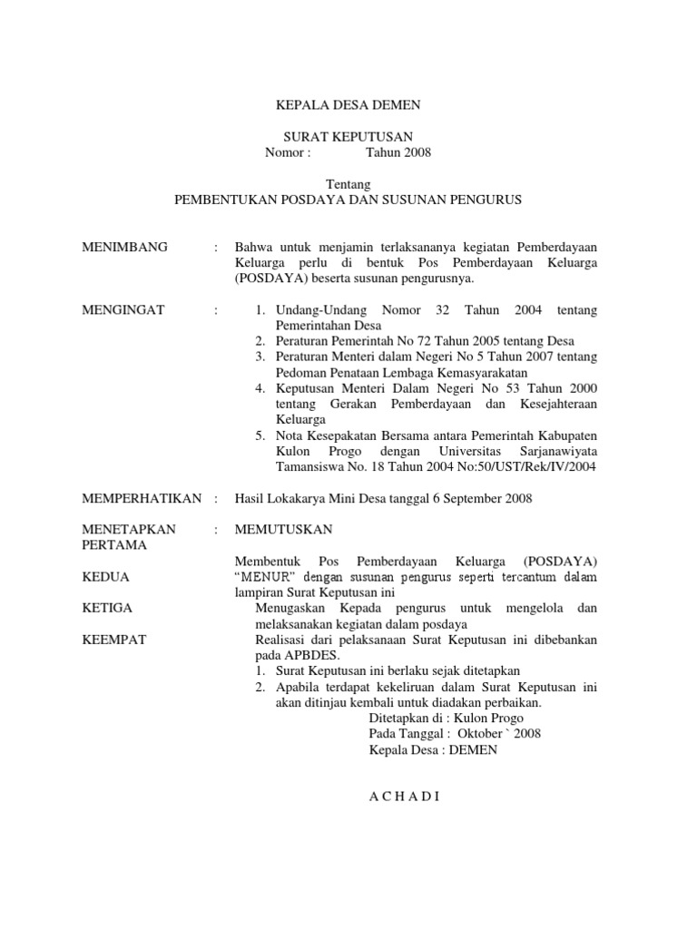 Contoh SK Kepala Desa Demen