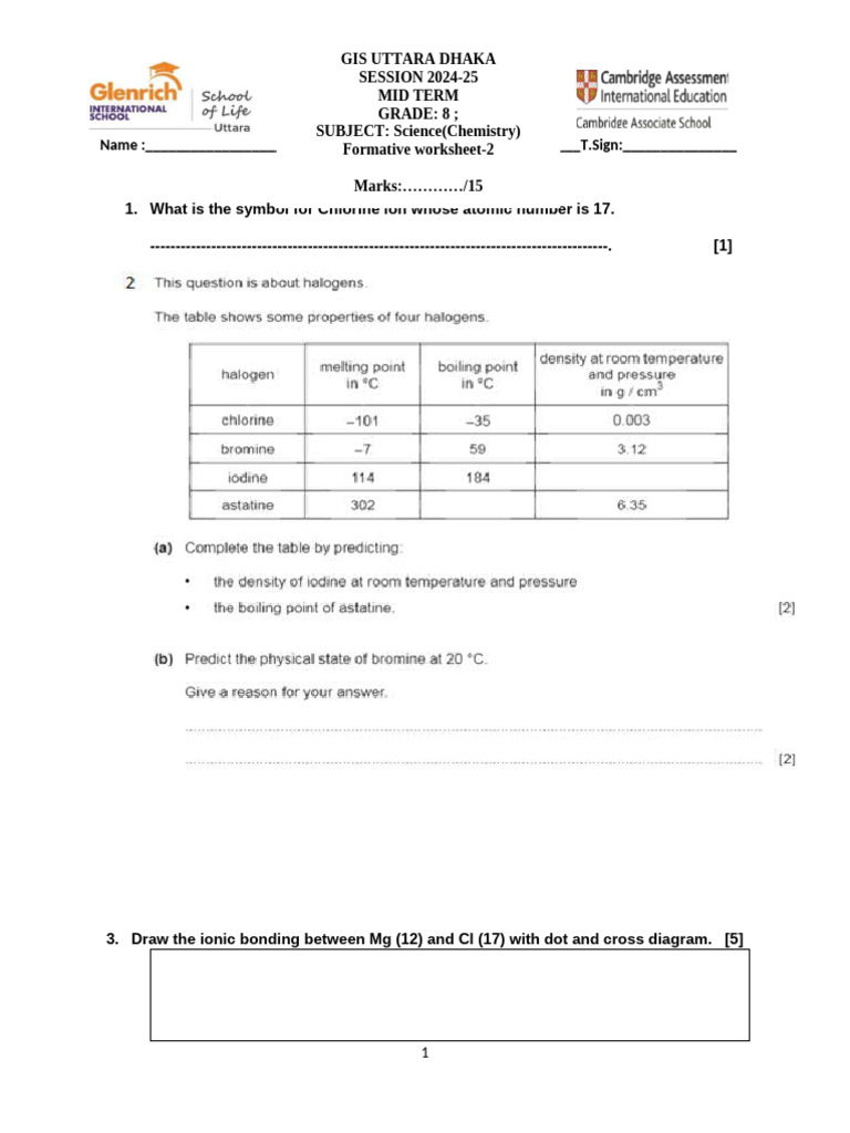 Grade 8 Chemistry Worksheet on Ions | PDF