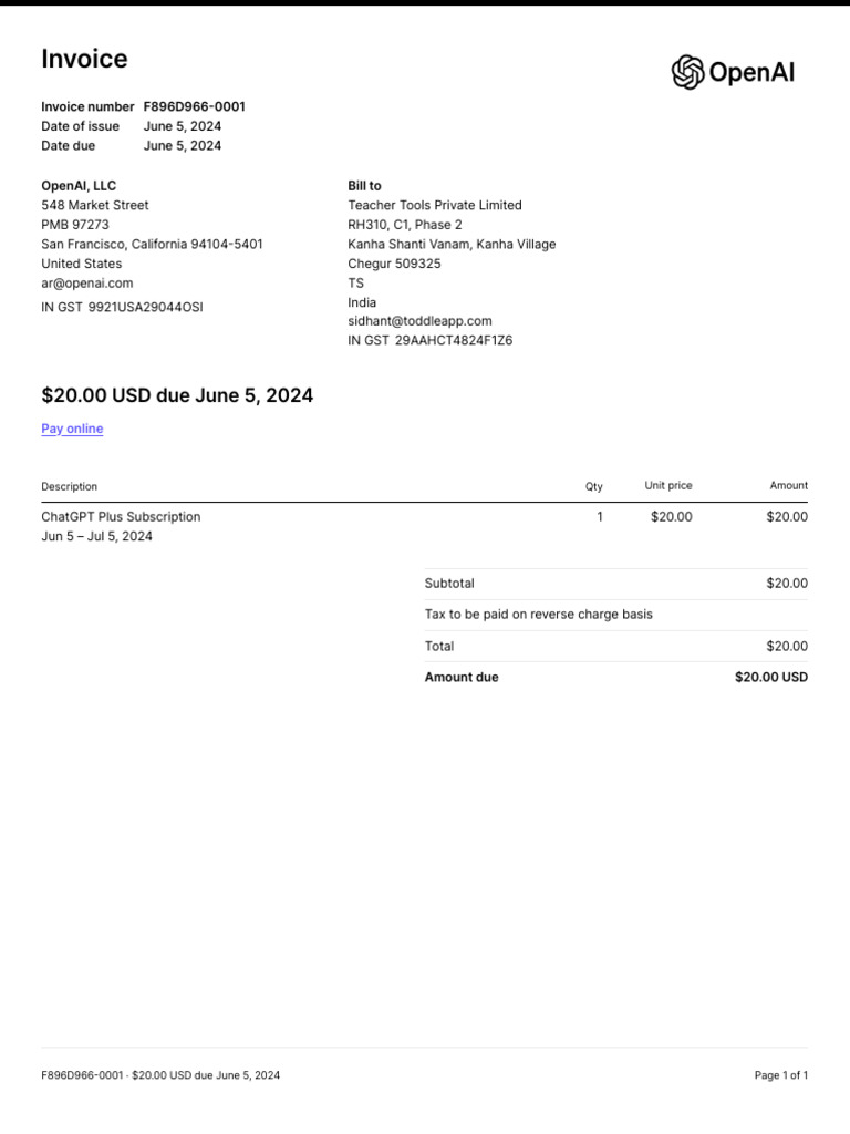 ChatGPT Plus Invoice Details | PDF