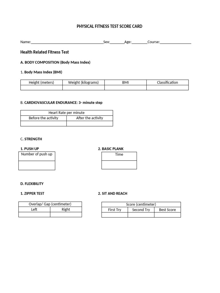 Physical Fitness Test Score Card | PDF