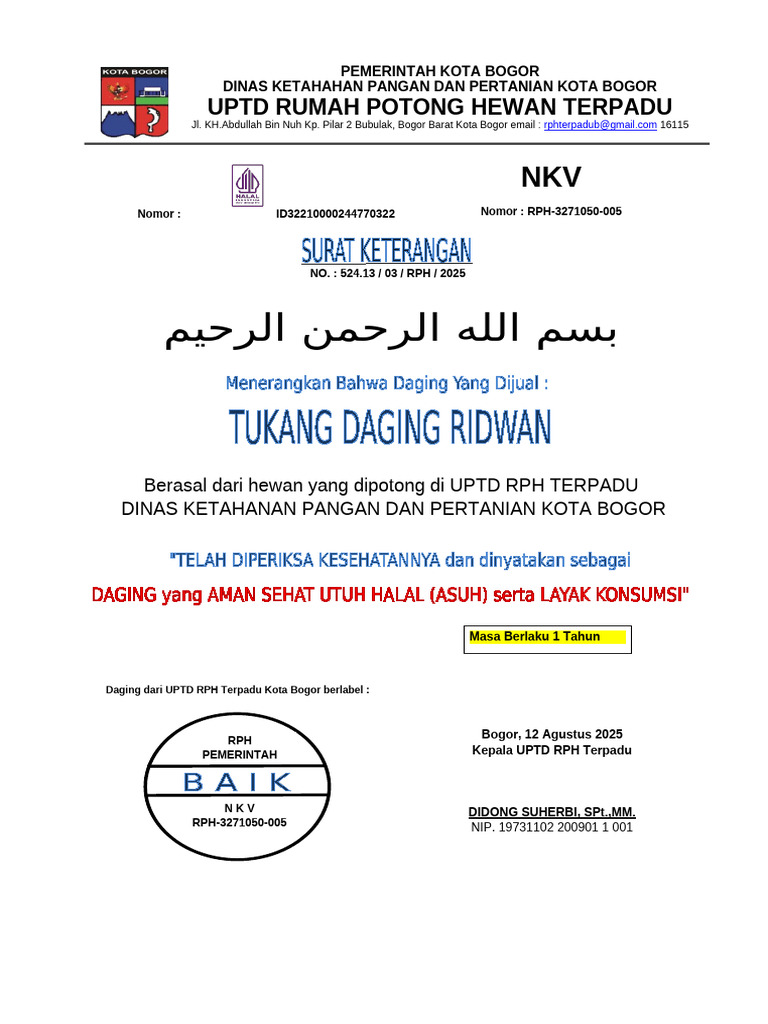 Sertifikat Daging UPTD RPH Bogor | PDF