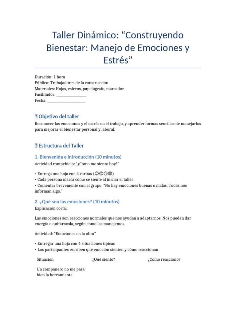 Taller de Manejo de Estrés y Emociones | PDF | Las emociones | Estrés ...