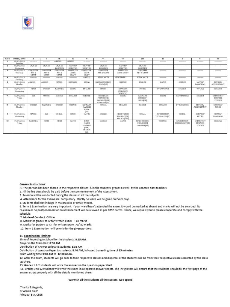 Term 1 Exam Schedule for Grades I-XII | PDF