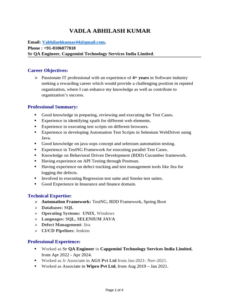 Sr QA Engineer Resume - Automation & Testing | PDF | Selenium (Software ...