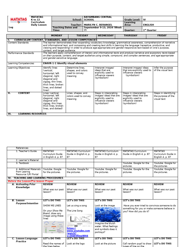 Matatag DLL Week 7 English g4 | PDF | Image | Reading Comprehension
