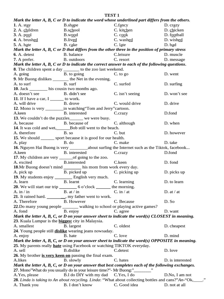 English Language Test Questions and Answers | PDF | Hobbies