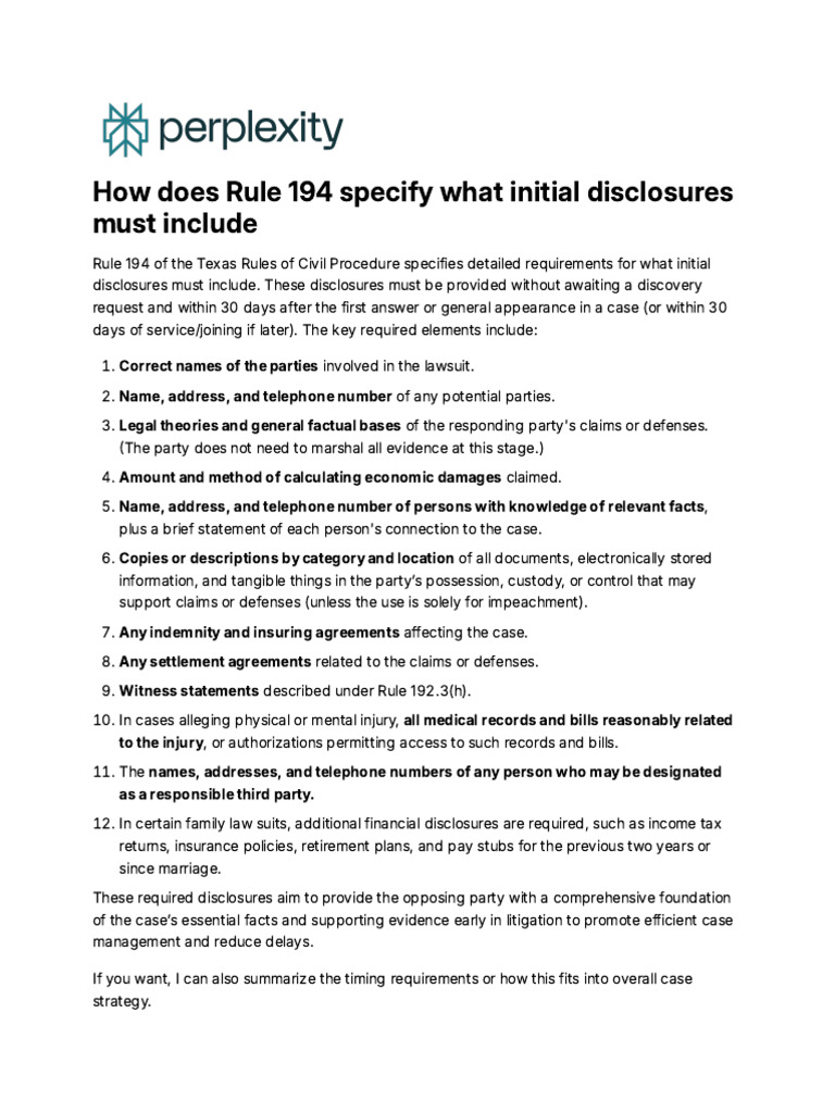 Texas Rule 194: Initial Disclosure Requirements | PDF