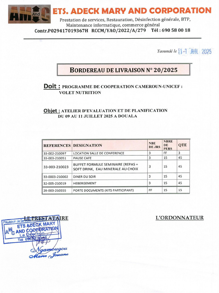 Bordereau de Livraison Et Facture Définitive Atelier d 'Évaluation Et ...