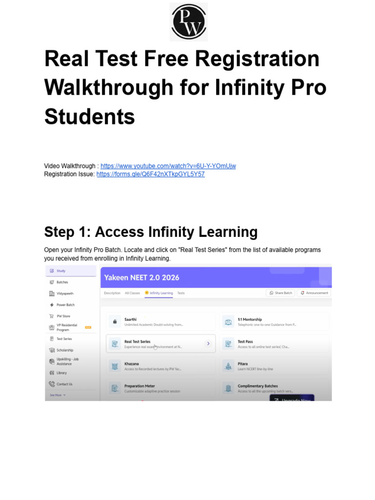 Infinity Pro Real Test Registration Guide | PDF