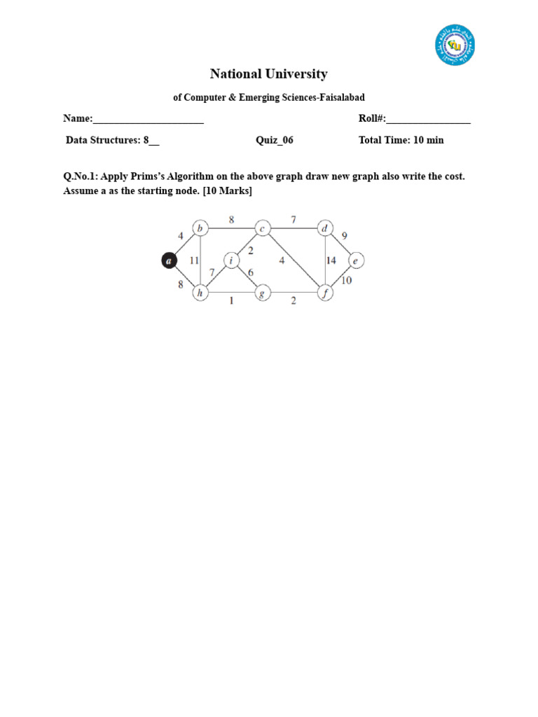 Prims's Algorithm Quiz for Data Structures | PDF