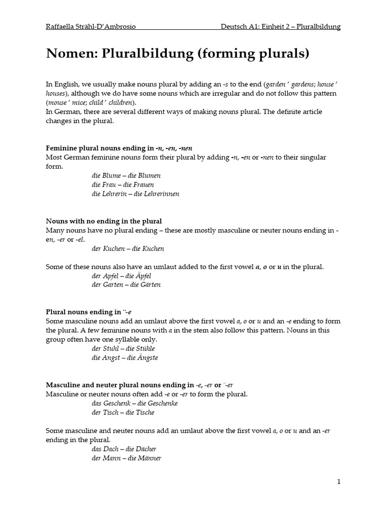 German Plural Formation Guide | PDF | Grammatical Gender | Plural