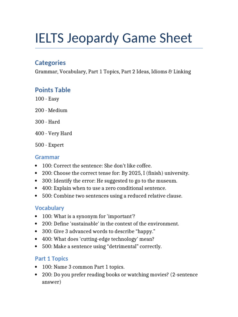 IELTS Vocabulary Jeopardy Game | PDF