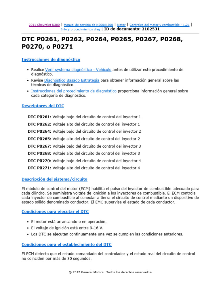 Diagnóstico DTC P0261 a P0271 Chevrolet | PDF | Inyección de ...