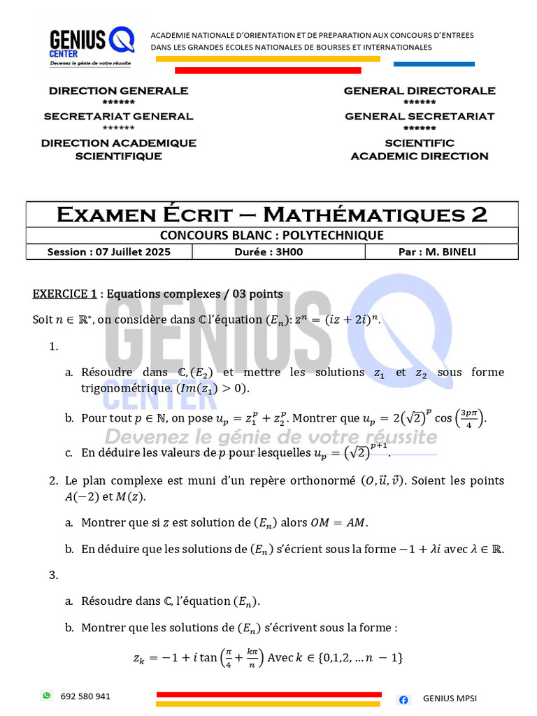 Examen Mathématiques Polytechnique 2025 | PDF | Nombre complexe ...