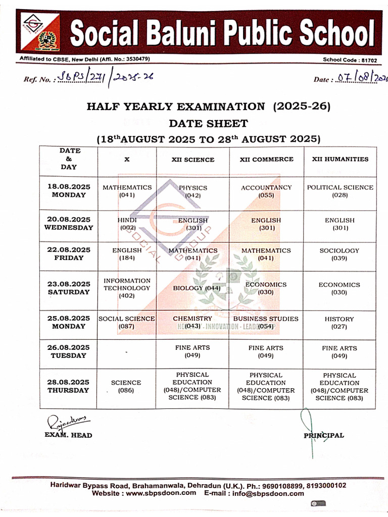 Half Yearly Classes 10th and 12th | PDF