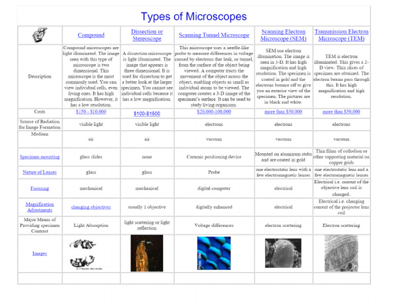 Types of Microscopes Chart | PDF