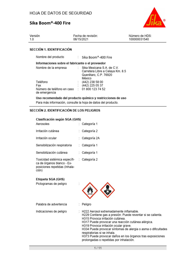 Hoja de Seguridad Sika Boom®-400 Fire | PDF | Alergia | Agua