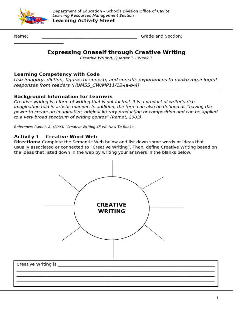 Creative Writing Learning Activity Sheet | PDF | Creative Writing | Writing