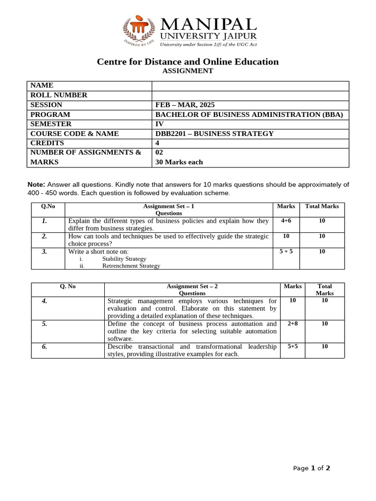 BBA Business Strategy Assignment Guide | PDF | Strategic Management
