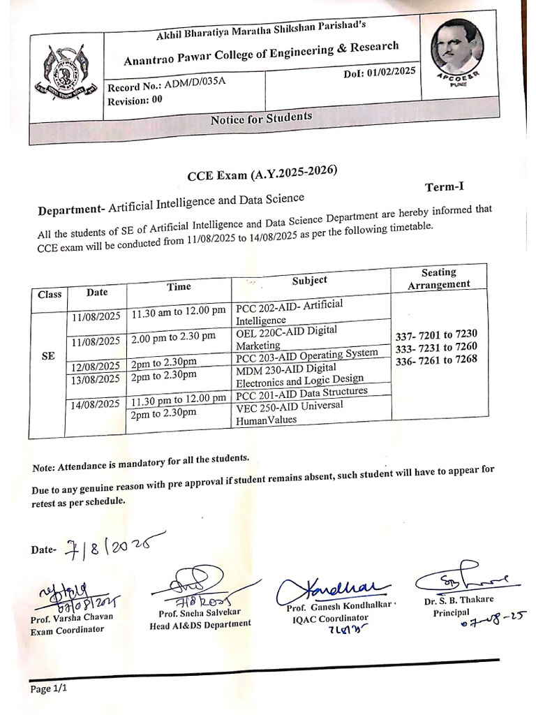 Updated CCE Exam Timetable | PDF