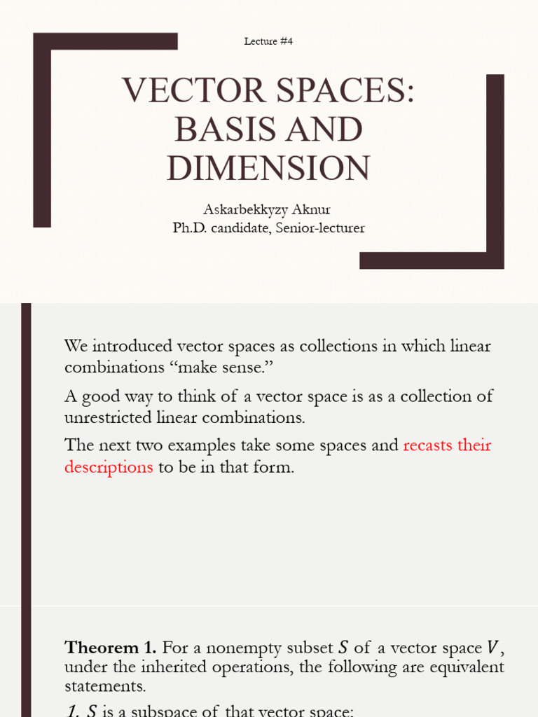 Lec4 Vector Spaces. Basis and Dimension | PDF | Basis (Linear Algebra ...