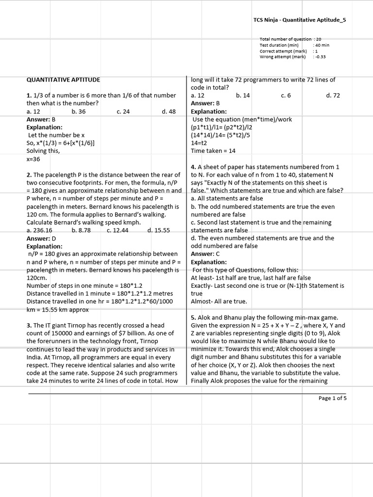TCS Ninja Quantitative Aptitude Test | PDF | Elementary Geometry