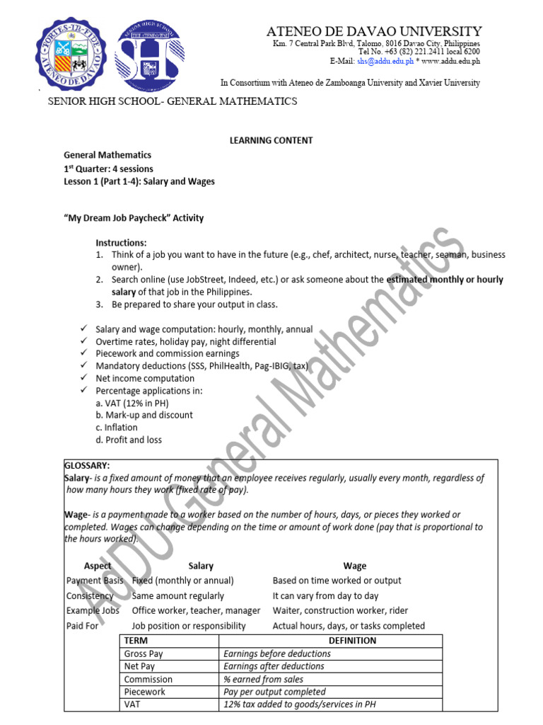 Senior High School General Mathematics Guide | PDF | Overtime | Salary