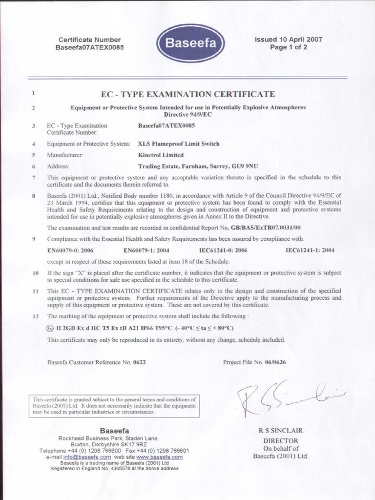 Baseefa 07 ATEX 0085 - 100407 | PDF