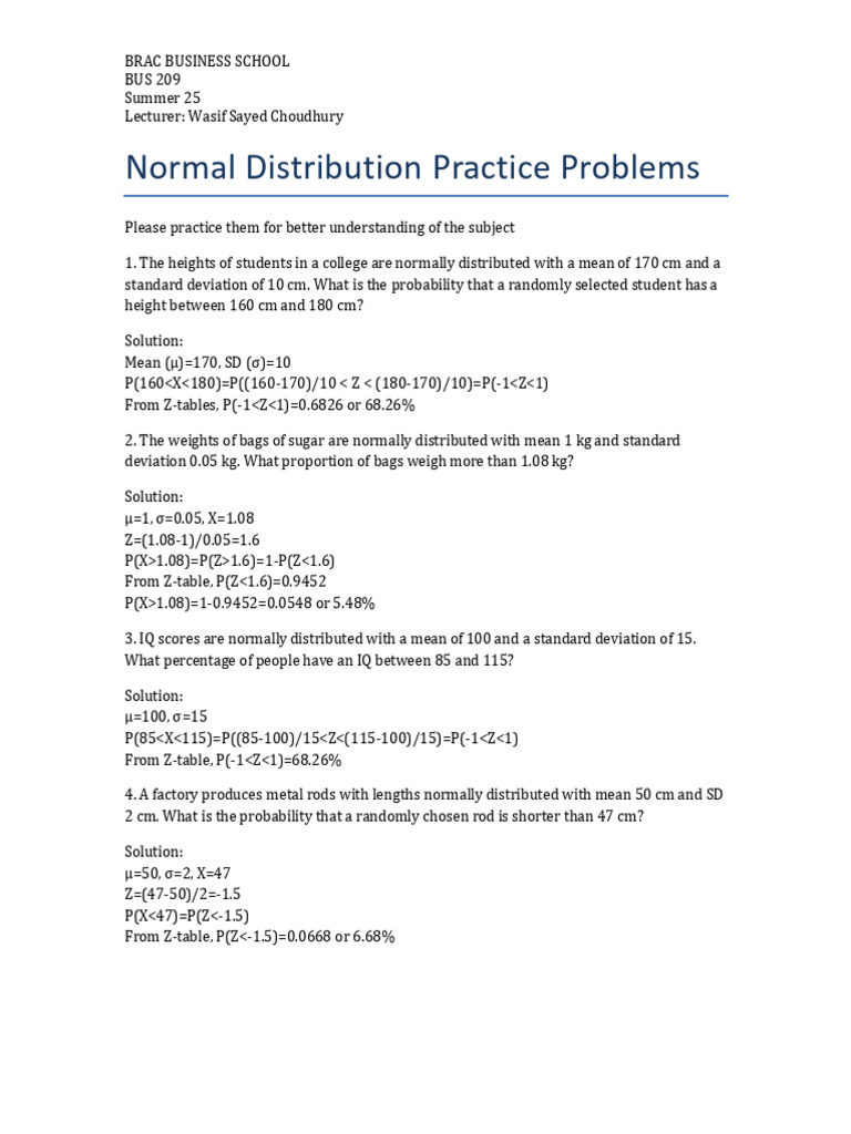 Normal Distribution Practice Problems | PDF | Normal Distribution ...