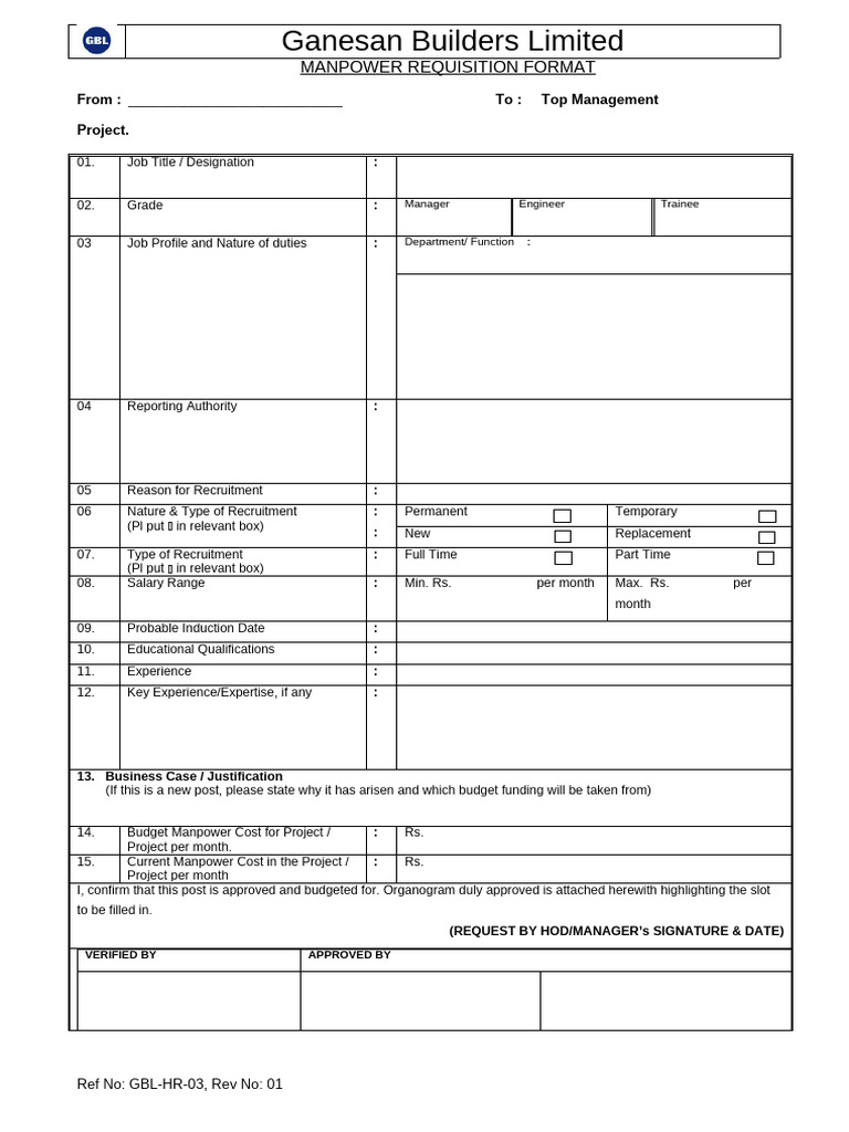 Ganesan Builders Manpower Requisition Form | PDF