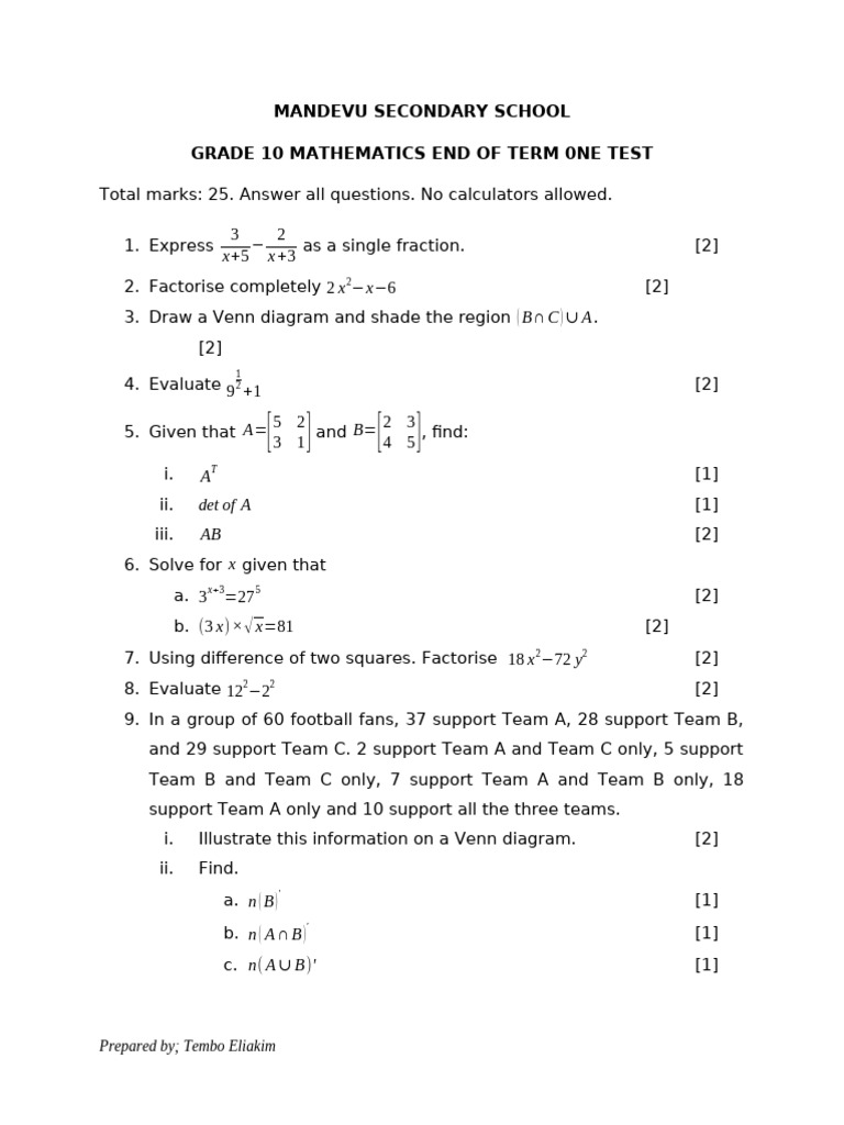 Maths End of Term One Test | PDF